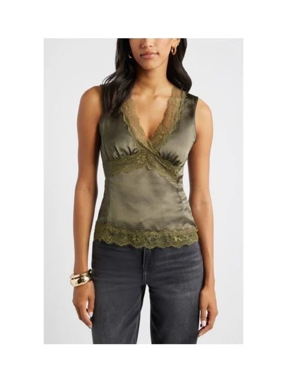 Open Edit - Olive Lace-Trim Sleeveless V-Neck Top